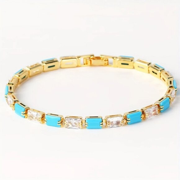 14K Gold Womens 1ct Diamond Natural Turquoise Gemstone Tennis Bracelet Jewelry - Picture 7 of 7